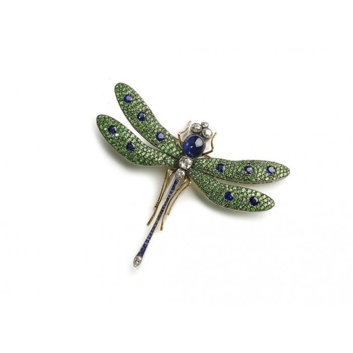Moira Green Garnet, Diamond, Sapphire, Silver and Gold Dragonfly Brooch