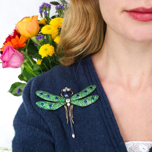 Moira Green Garnet, Diamond, Sapphire, Silver and Gold Dragonfly Brooch