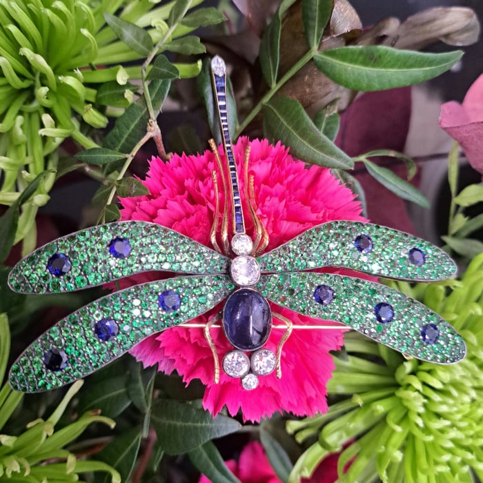 Moira Green Garnet, Diamond, Sapphire, Silver and Gold Dragonfly Brooch