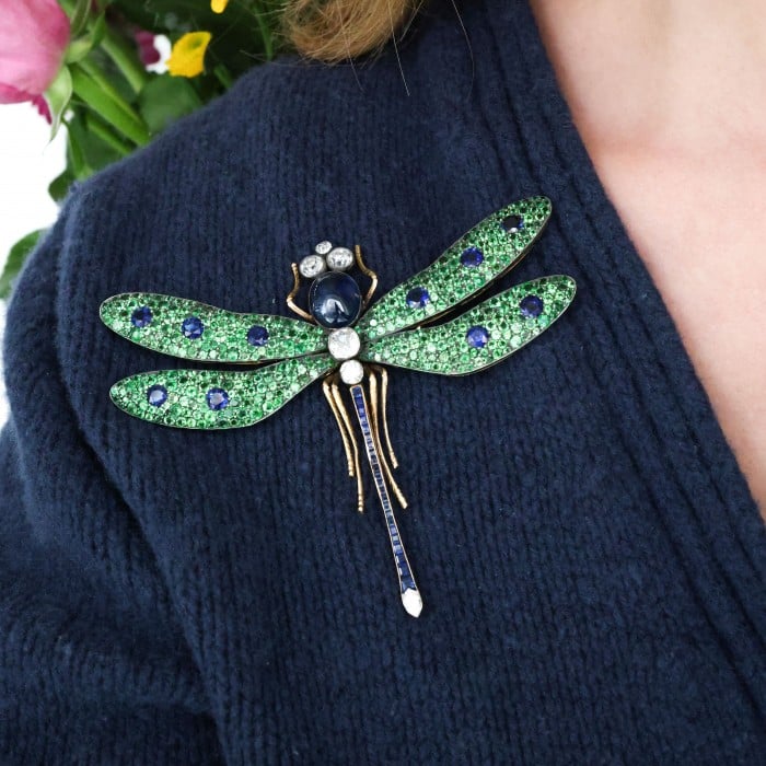 Moira Green Garnet, Diamond, Sapphire, Silver and Gold Dragonfly Brooch