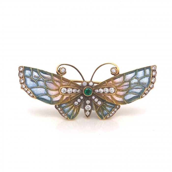 Moira Modern Diamond, Emerald, Gold and Blue-Pink Enamel Butterfly Brooch