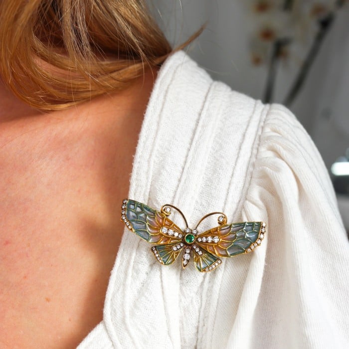 Moira Modern Diamond, Emerald, Gold and Blue-Pink Enamel Butterfly Brooch