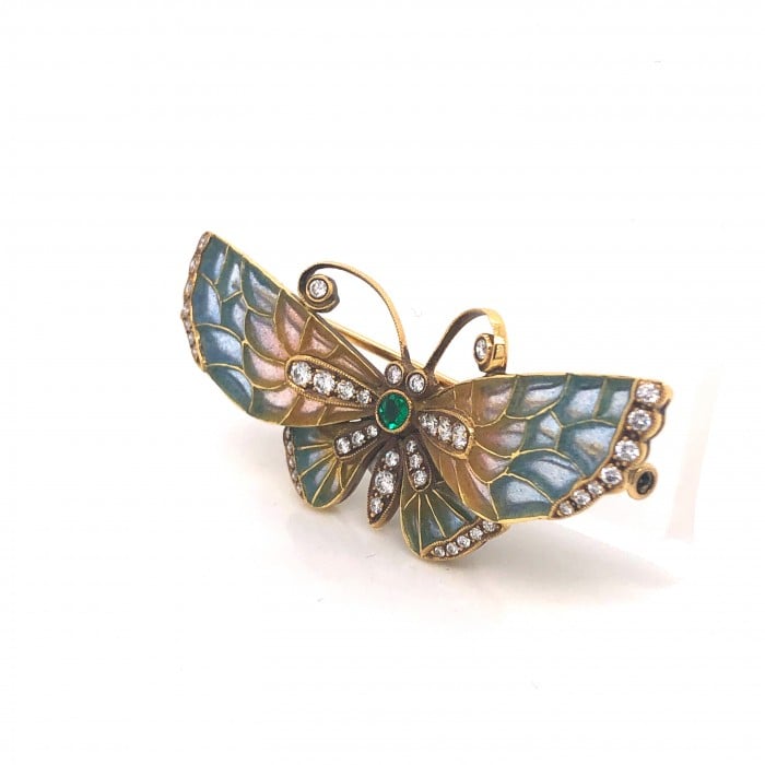 Moira Modern Diamond, Emerald, Gold and Blue-Pink Enamel Butterfly Brooch