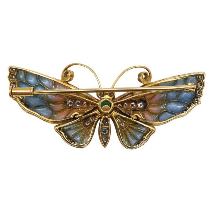 Moira Modern Diamond, Emerald, Gold and Blue-Pink Enamel Butterfly Brooch