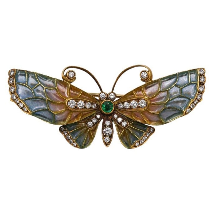Moira Modern Diamond, Emerald, Gold and Blue-Pink Enamel Butterfly Brooch
