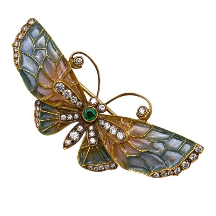 Moira Modern Diamond, Emerald, Gold and Blue-Pink Enamel Butterfly Brooch