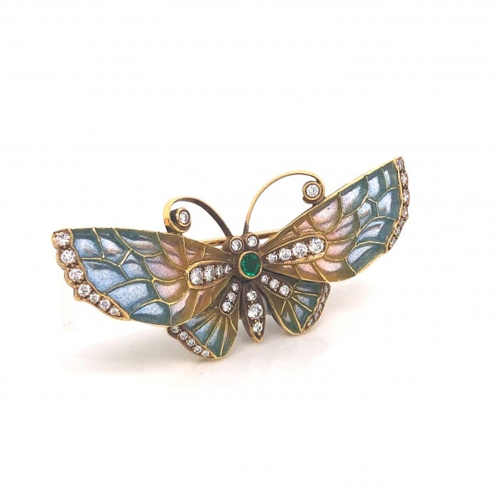 Moira Modern Diamond, Emerald, Gold and Blue-Pink Enamel Butterfly Brooch
