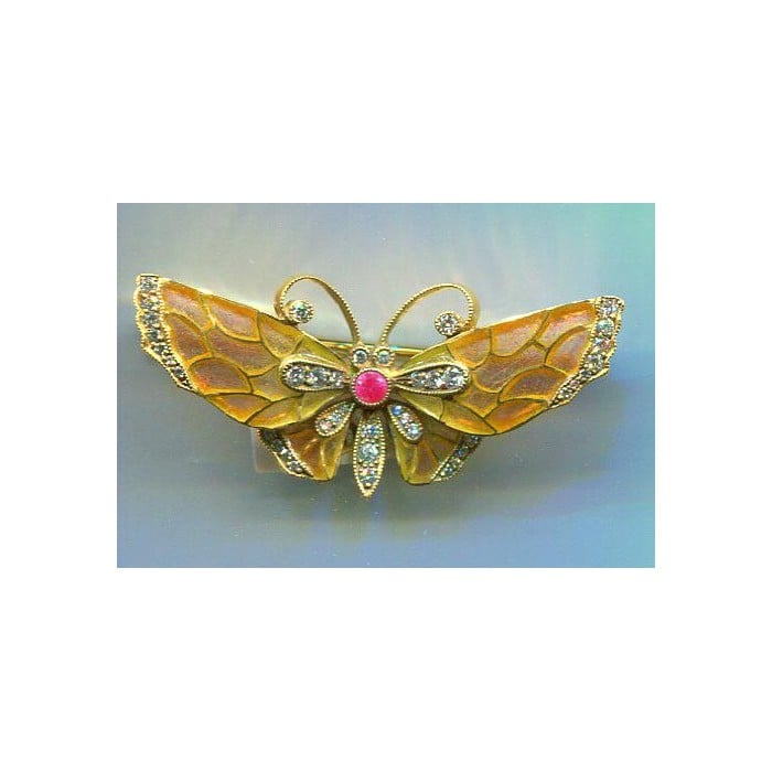 Moira Modern Plique à Jour Enamel Pink Sapphire Diamond and Gold Butterfly Brooch