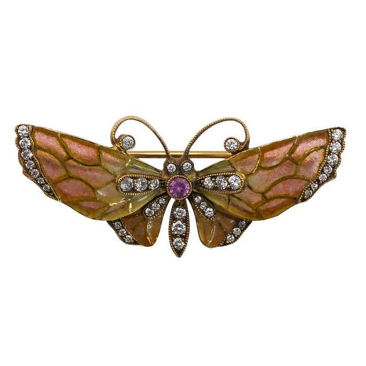 Moira Modern Plique à Jour Enamel Pink Sapphire Diamond and Gold Butterfly Brooch
