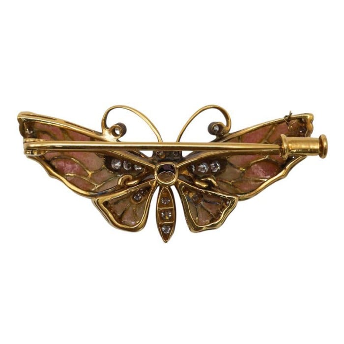 Moira Modern Plique à Jour Enamel Pink Sapphire Diamond and Gold Butterfly Brooch