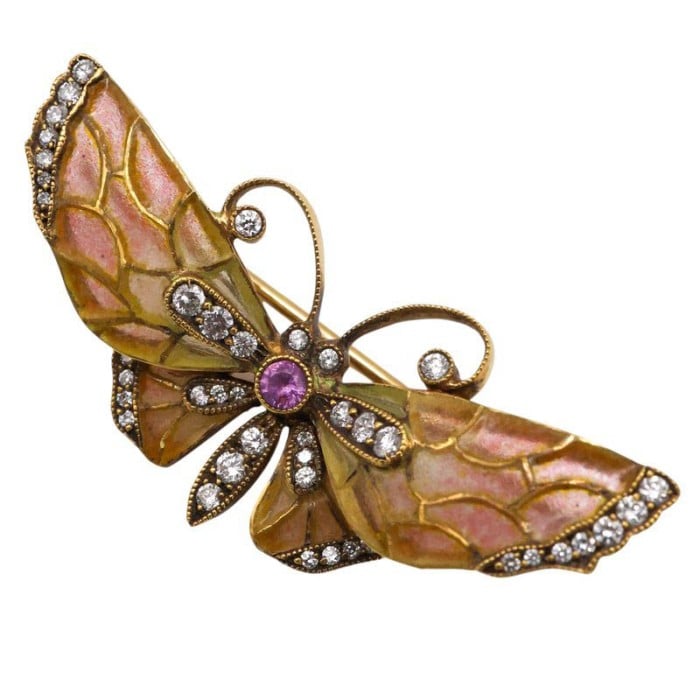 Moira Modern Plique à Jour Enamel Pink Sapphire Diamond and Gold Butterfly Brooch