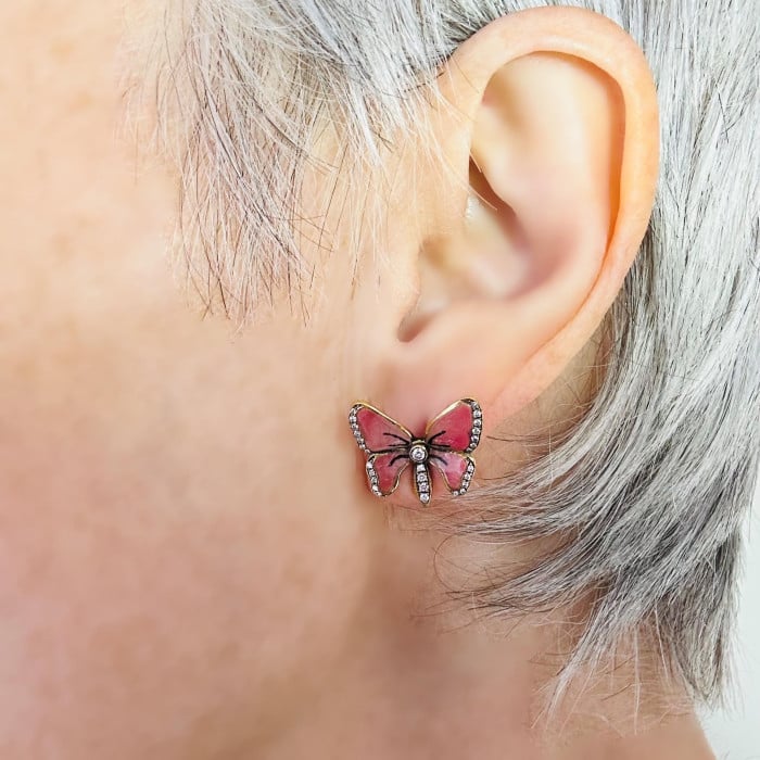 Moira Pink Plique à Jour Enamel, Diamond and Gold Butterfly Earrings