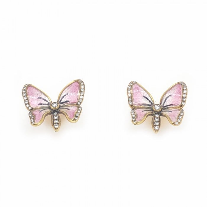 Moira Pink Plique à Jour Enamel, Diamond and Gold Butterfly Earrings