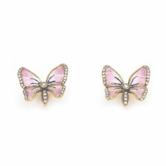 Moira Pink Plique à Jour Enamel, Diamond and Gold Butterfly Earrings