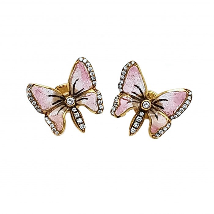 Moira Pink Plique à Jour Enamel, Diamond and Gold Butterfly Earrings