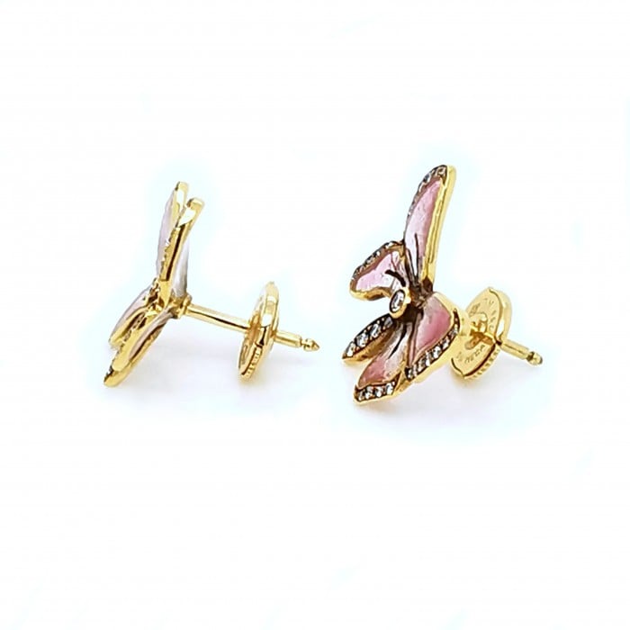 Moira Pink Plique à Jour Enamel, Diamond and Gold Butterfly Earrings