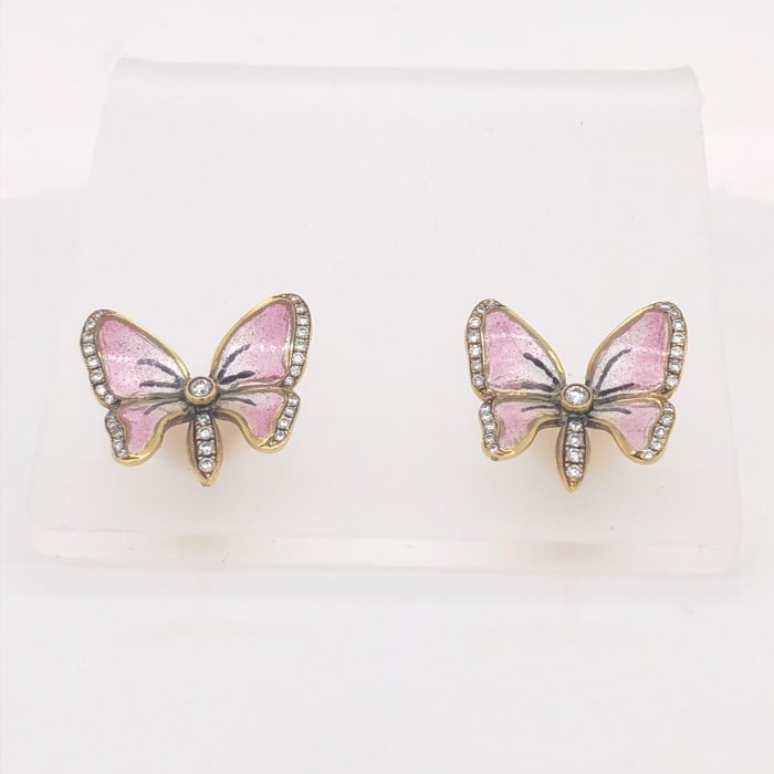 Moira Pink Plique à Jour Enamel, Diamond and Gold Butterfly Earrings