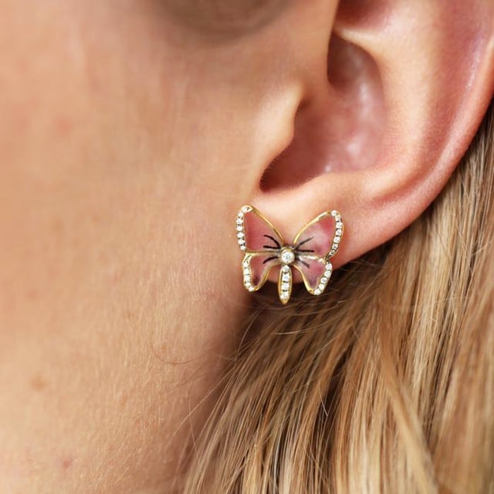 Moira Pink Plique à Jour Enamel, Diamond and Gold Butterfly Earrings