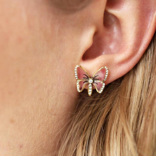 Moira Pink Plique à Jour Enamel, Diamond and Gold Butterfly Earrings