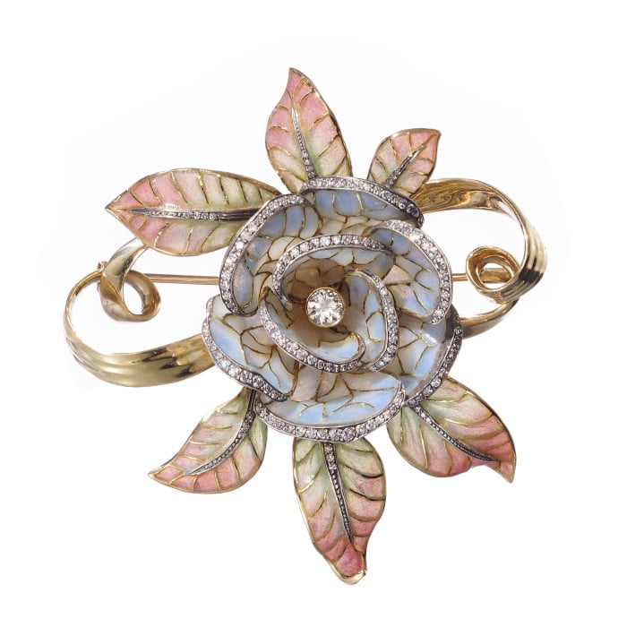 Moira Plique à Jour Enamel, Diamond, Gold and Silver Flower Brooch