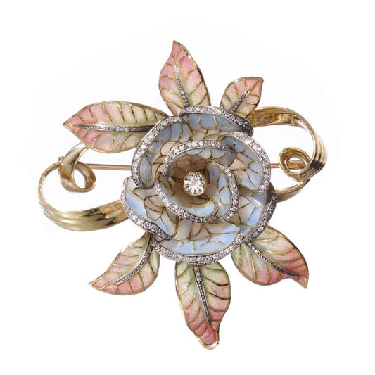 Moira Plique à Jour Enamel, Diamond, Gold and Silver Flower Brooch