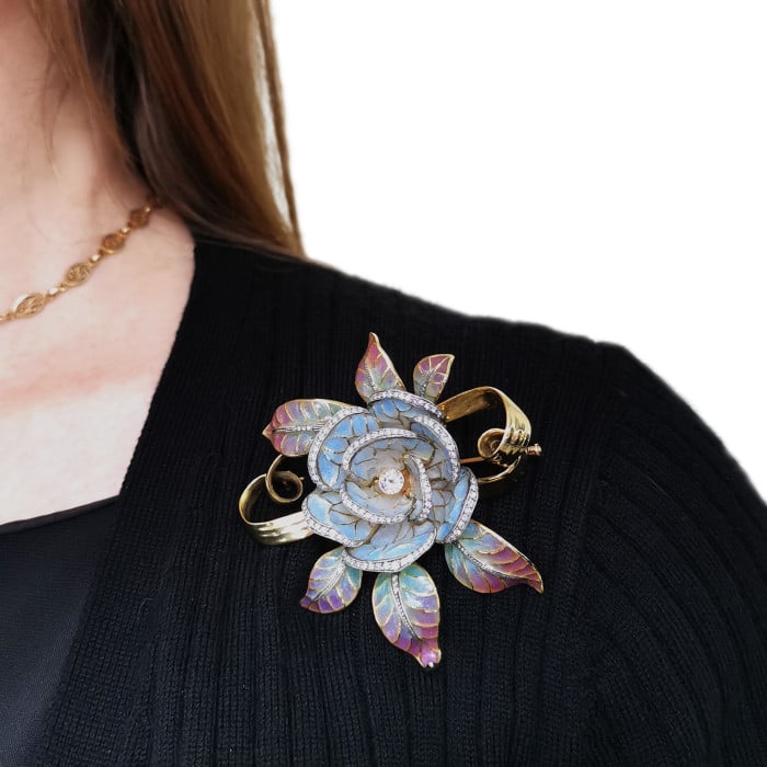 Moira Plique à Jour Enamel, Diamond, Gold and Silver Flower Brooch