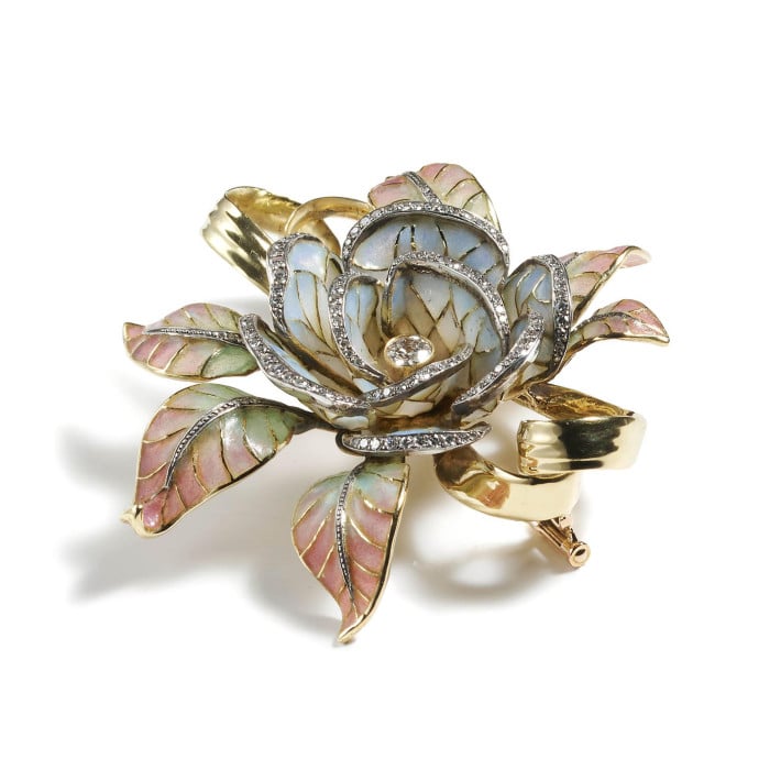 Moira Plique à Jour Enamel, Diamond, Gold and Silver Flower Brooch