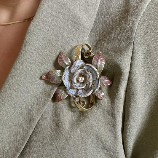 Moira Plique à Jour Enamel, Diamond, Gold and Silver Flower Brooch