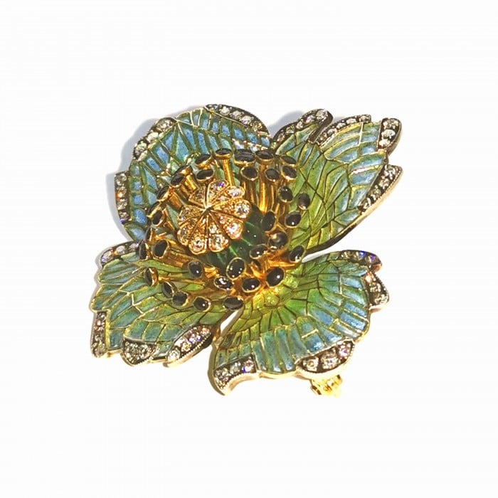 Moira Poppy Plique à Jour Enamel, Diamond, Silver and Gold Brooch