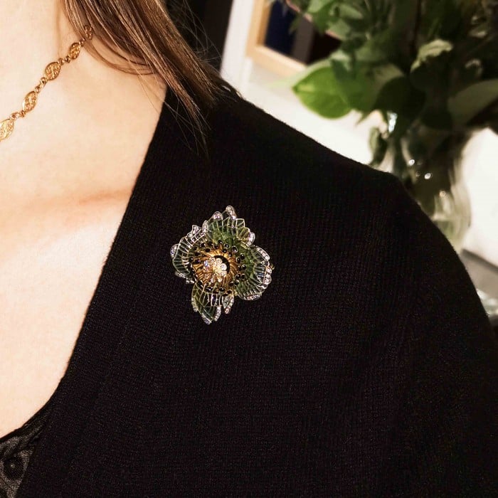 Moira Poppy Plique à Jour Enamel, Diamond, Silver and Gold Brooch