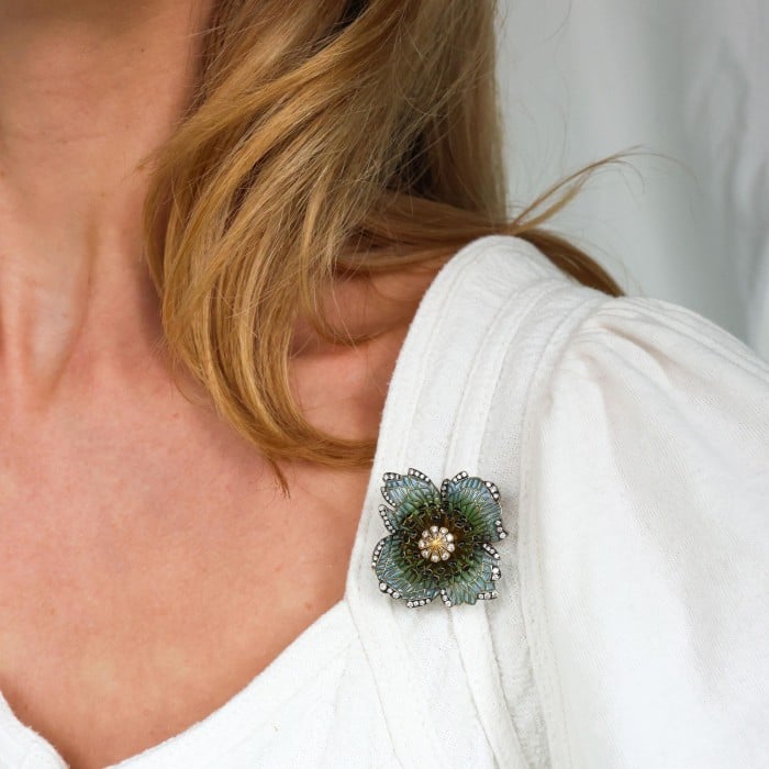 Moira Poppy Plique à Jour Enamel, Diamond, Silver and Gold Brooch