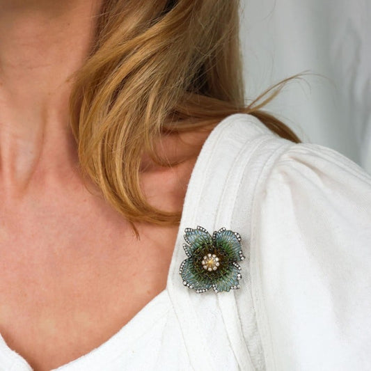 Moira Poppy Plique à Jour Enamel, Diamond, Silver and Gold Brooch