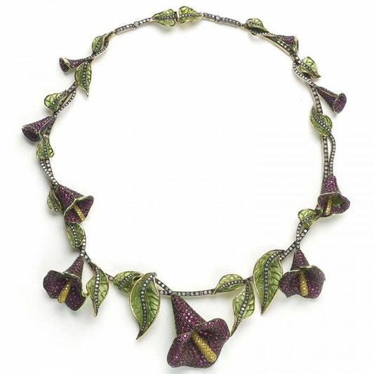 Moira Ruby Diamond Plique à Jour Enamel Silver and Gold Calla Lily Necklace