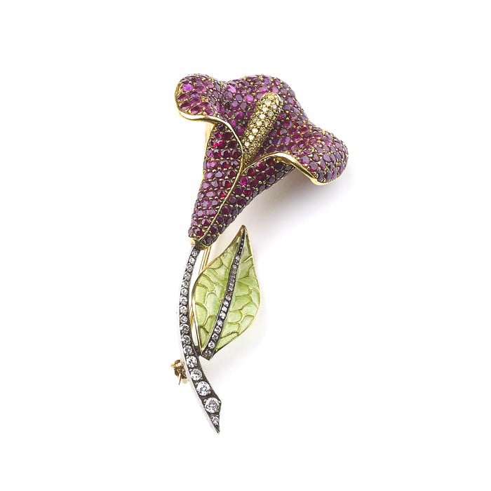 Moira Ruby Diamond Silver Gold and Plique à Jour Enamel Calla Lily Brooch