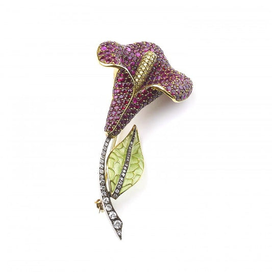 Moira Ruby Diamond Silver Gold and Plique à Jour Enamel Calla Lily Brooch