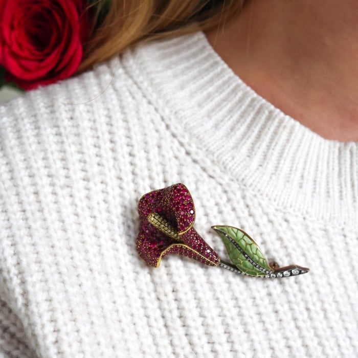 Moira Ruby Diamond Silver Gold and Plique à Jour Enamel Calla Lily Brooch