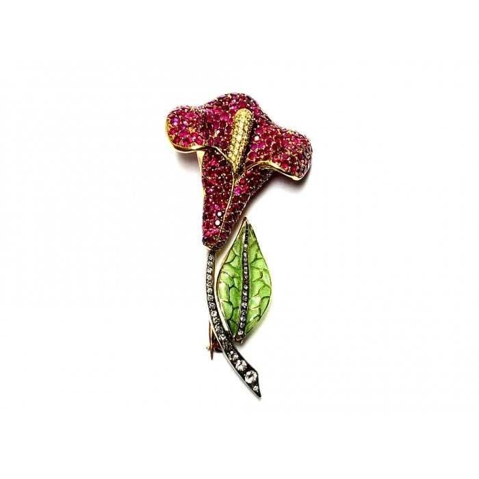 Moira Ruby Diamond Silver Gold and Plique à Jour Enamel Calla Lily Brooch