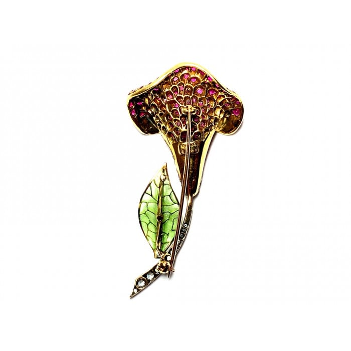 Moira Ruby Diamond Silver Gold and Plique à Jour Enamel Calla Lily Brooch