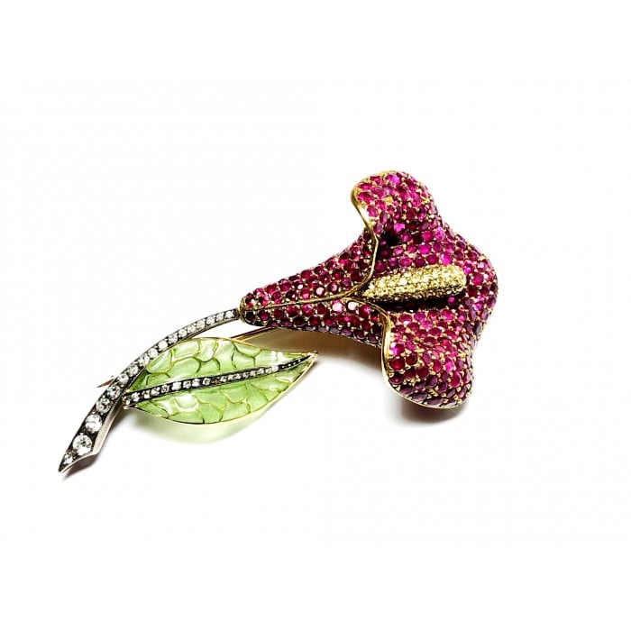 Moira Ruby Diamond Silver Gold and Plique à Jour Enamel Calla Lily Brooch