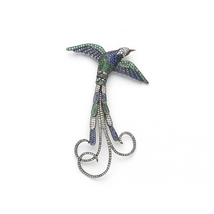 Moira Sapphire, Diamond, Emerald and Silver Upon Gold Bird of Paradise Brooch, Circa 2002