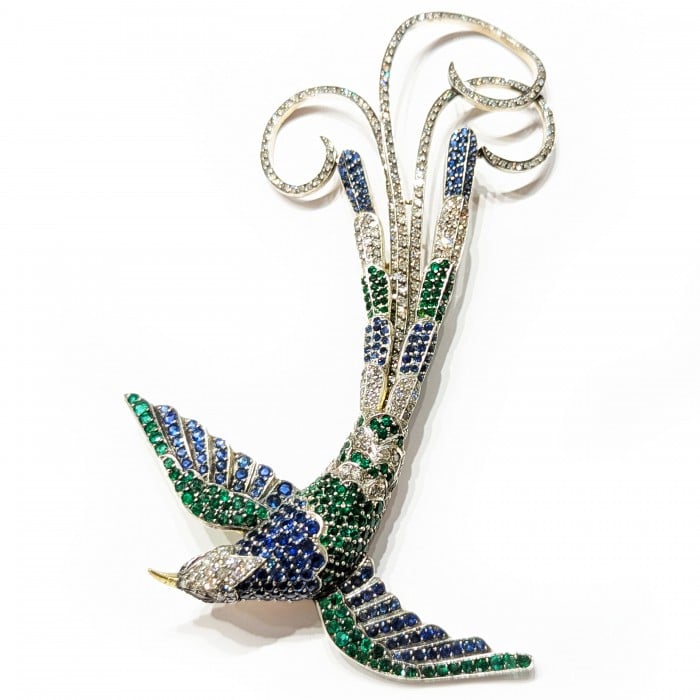 Moira Sapphire, Diamond, Emerald and Silver Upon Gold Bird of Paradise Brooch, Circa 2002
