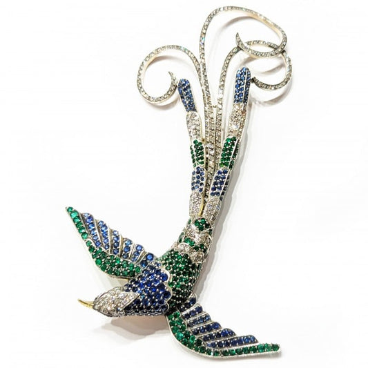 Moira Sapphire, Diamond, Emerald and Silver Upon Gold Bird of Paradise Brooch, Circa 2002