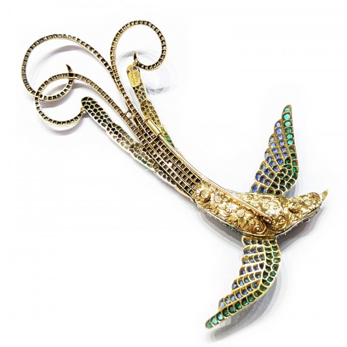 Moira Sapphire, Diamond, Emerald and Silver Upon Gold Bird of Paradise Brooch, Circa 2002