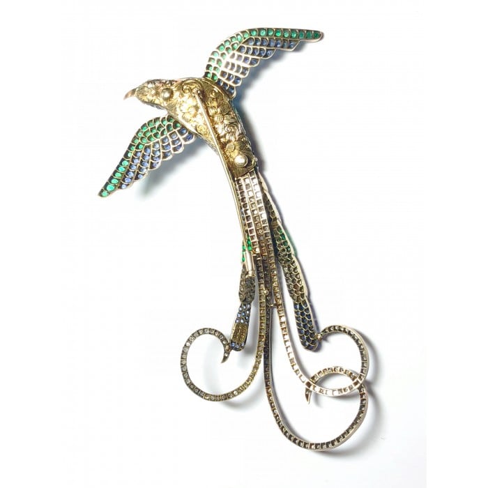 Moira Sapphire, Diamond, Emerald and Silver Upon Gold Bird of Paradise Brooch, Circa 2002