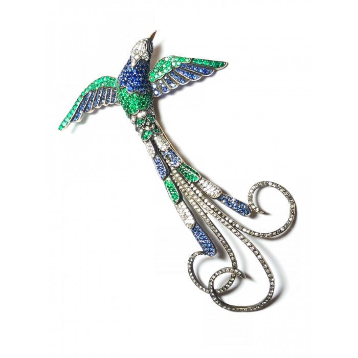 Moira Sapphire, Diamond, Emerald and Silver Upon Gold Bird of Paradise Brooch, Circa 2002