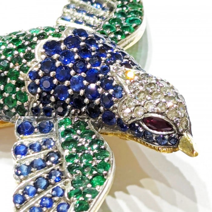 Moira Sapphire, Diamond, Emerald and Silver Upon Gold Bird of Paradise Brooch, Circa 2002