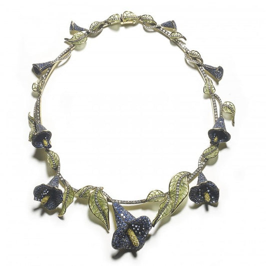 Moira Sapphire Diamond Plique à Jour Enamel Silver and Gold Calla Lily Necklace