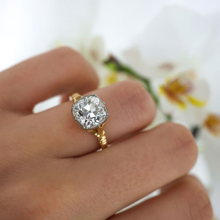 New Georgian Style Old Cut Diamond Gold and Platinum Solitaire Ring, 2.72ct
