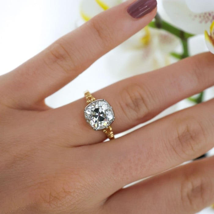 New Georgian Style Old Cut Diamond Gold and Platinum Solitaire Ring, 2.72ct