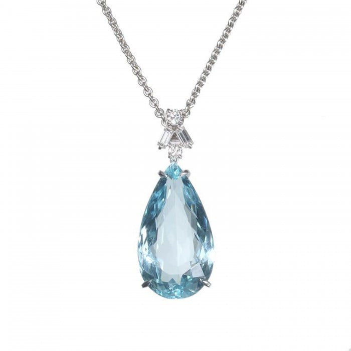 New Pear Shape Aquamarine Diamond and White Gold Pendant, 21.55 Carats
